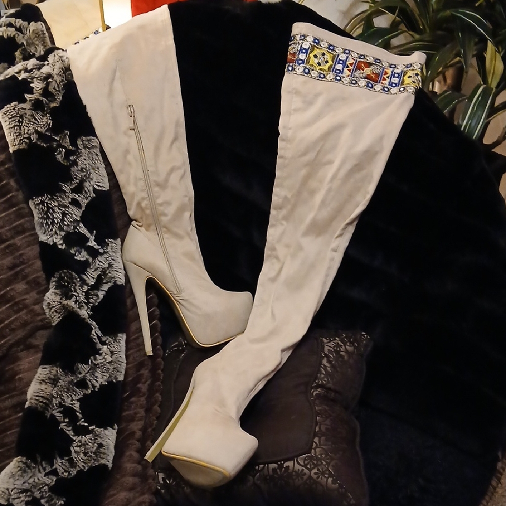 Chic Beige Over the Knee Boots with Embellished Trim